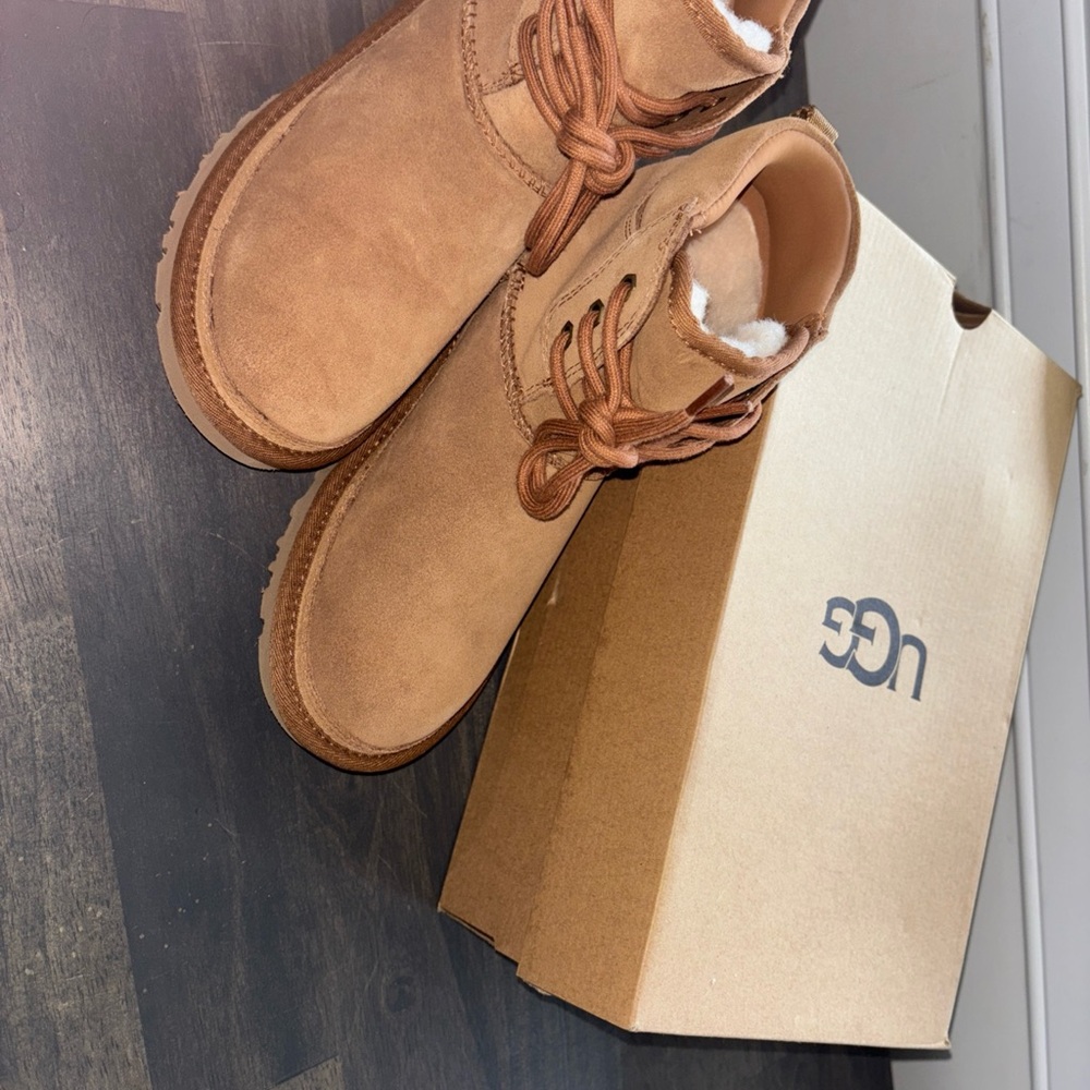 UGG Tan Ankle Booties with Suede Material and Functional Laces